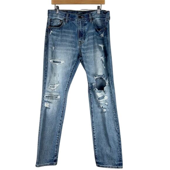 American Eagle Slim Straight Jeans Mens 33x32 Light Wash Distressed Patchwork - Picture 1 of 4